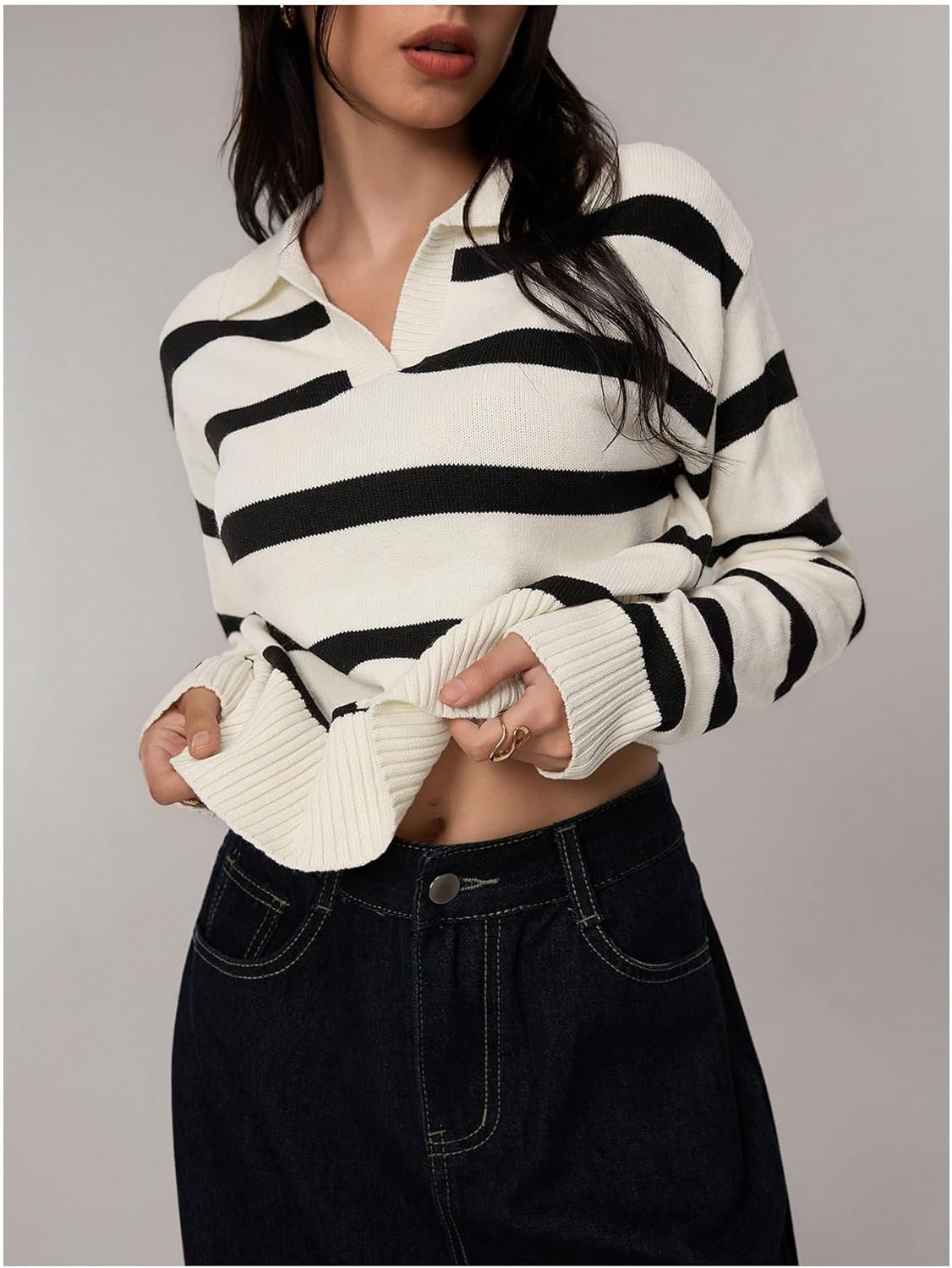 Verdusa Women's Striped Pullover Sweater Old Money Knit Tops Collared V Neck Jumpers Spring Fall Clothes - Image 3