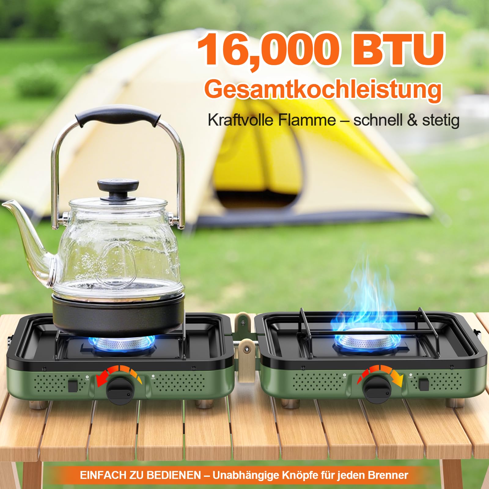 2-Flammig Campingkocher Gas Faltbar, Camping Gaskocher Herd mit Zünder & Tragetasche für Outdoor-Kochen, Campingplatz, Gartenparty, Grillabend, Picknick, Festival-Camping, Vanlife (ohne Grillplatte)