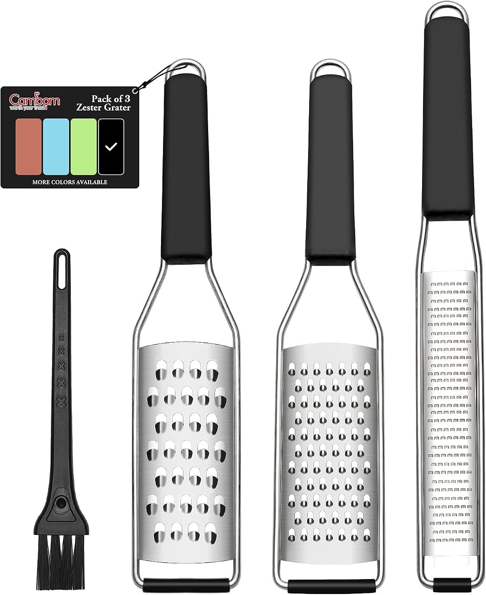 Rallador de limón Zester traje de tres piezas - Herramienta de cocina resistente para queso parmesano, jengibre, ajo, nuez moscada, chocolate, verduras, frutas, rallador de acero inoxidable apto para lavavajillas negro | Acero inoxidable 304, herramienta afilada para queso parmesano, jengibre, ajo, nuez moscada, chocolate, verduras, frutas, apto para lavavajillas