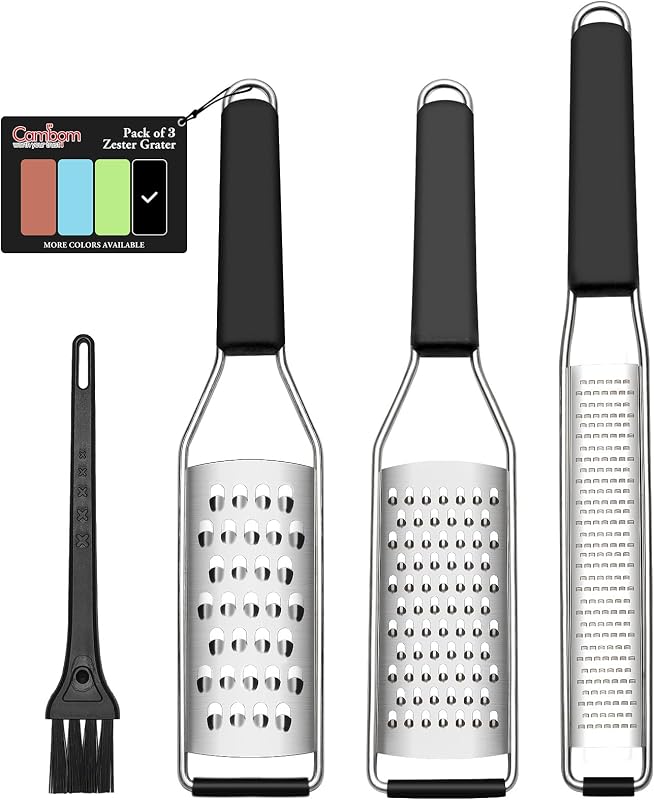 Rallador de limón Zester traje de tres piezas - Herramienta de cocina resistente para queso parmesano, jengibre, ajo, nuez moscada, chocolate, verduras, frutas, rallador de acero inoxidable apto para lavavajillas negro | Acero inoxidable 304, herramienta afilada para queso parmesano, jengibre, ajo, nuez moscada, chocolate, verduras, frutas, apto para lavavajillas