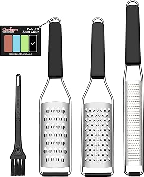 Cambom Lemon Zester Grater Three-piece Suit - Heavy Duty Kitchen Tool for Parmesan Cheese, Ginger, Garlic, Nutmeg, Chocolate, Vegetables,Fruits,Stainless Steel Grater Dishwasher Safe Black