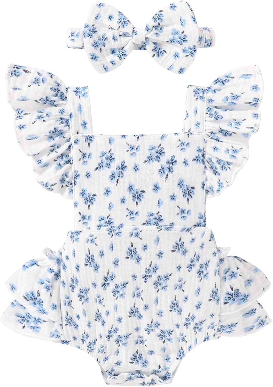 Happy Town Baby Girl Clothes Toddler Summer Linen Romper Sleeveless Ruffle Outfits Infant Girls Jumpsuit with Headband