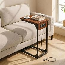 TEMI C Shaped End Table for Couch with Charging Station, Small Side Table TV Tray for Eating or Laptop, Accent Desk for Sofa or Chair, Space Saving Living Room Bedroom, Rustic Walnut