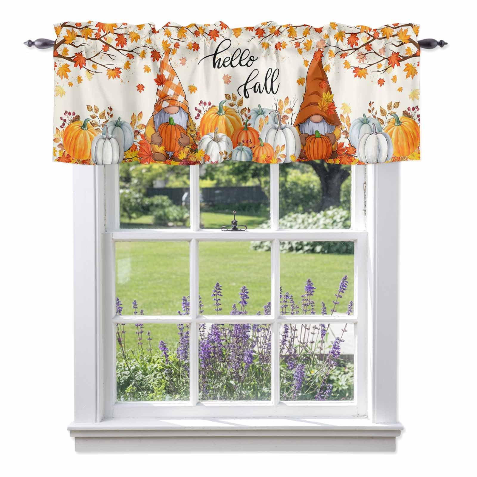 BEMIGO Fall Valances for Windows Thanksgiving Kitchen Valance Curtains Gnome Pumpkins Maple Leaf Light Filtering Thermal Insulated Window Curtains for Living Room Bedroom Decor Orange White, 54x18in