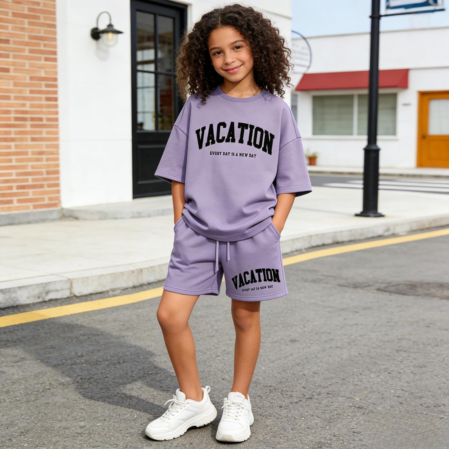 Size 6-12 Years Girl's Tracksuit Sets 2 Piece Outfits Letter Print Vacation Tee Top and Drawstring Waist Shorts - Image 5