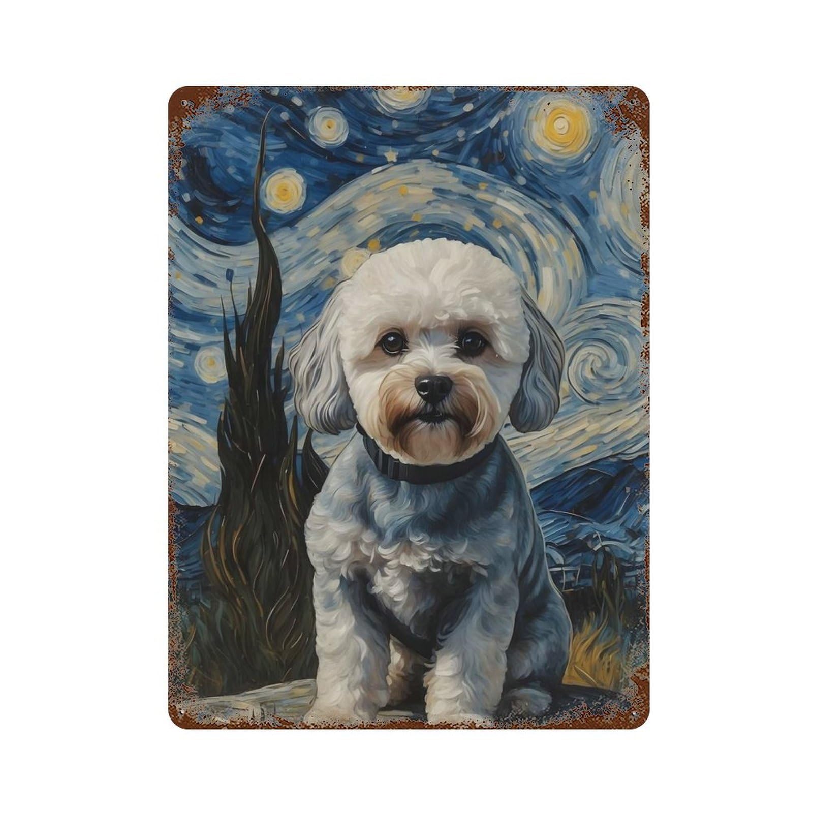 Rusty Metal Tin Sign Bichon Starry Night 15.7"x11.8", Vintage Wall Decor for Shed, Workshop And Garage Wall Decor
