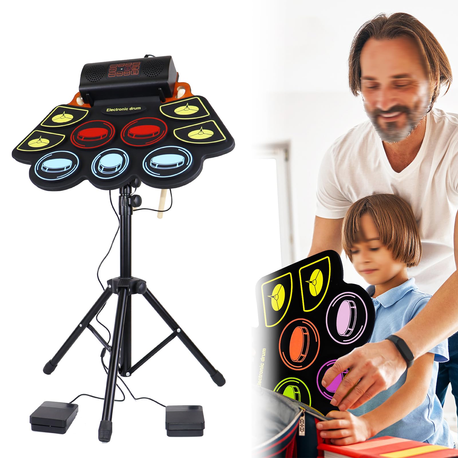 Tambor Electrónico Colorido Enrollado A Mano Con Bluetooth, Tambor Electrónico Portátil Con 2 Altavoces Estéreo, 9 Pads De Batería + MIDI + Batería De Litio De 1750 MAh + Auriculares/Audio ,2Size