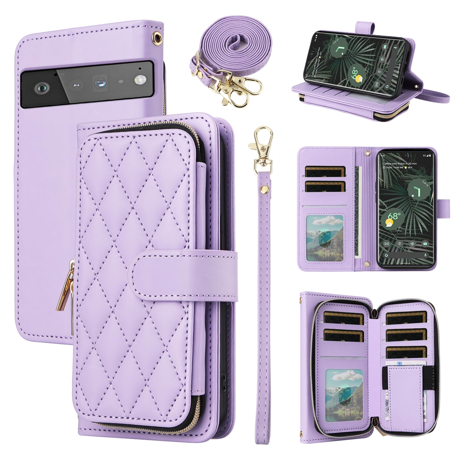 Furiet Wallet Case for Google Pixel 6 Pro with Wrist Strap, 9+ Card Slots Zipper Purse, Luxury PU Leather Stand Full Body Phone Cover for Pixel6Pro