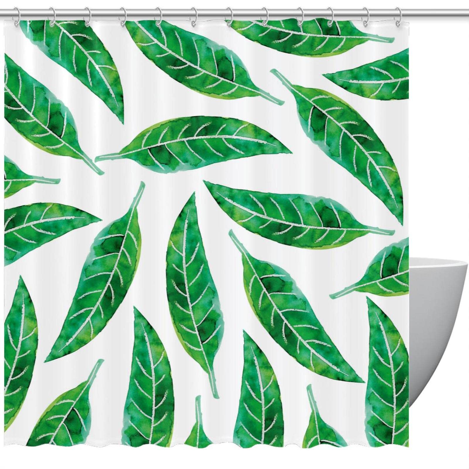 Rideau de douche vert aux motifs de feuilles d'aquarelle de dimensions 168 x 183 cm