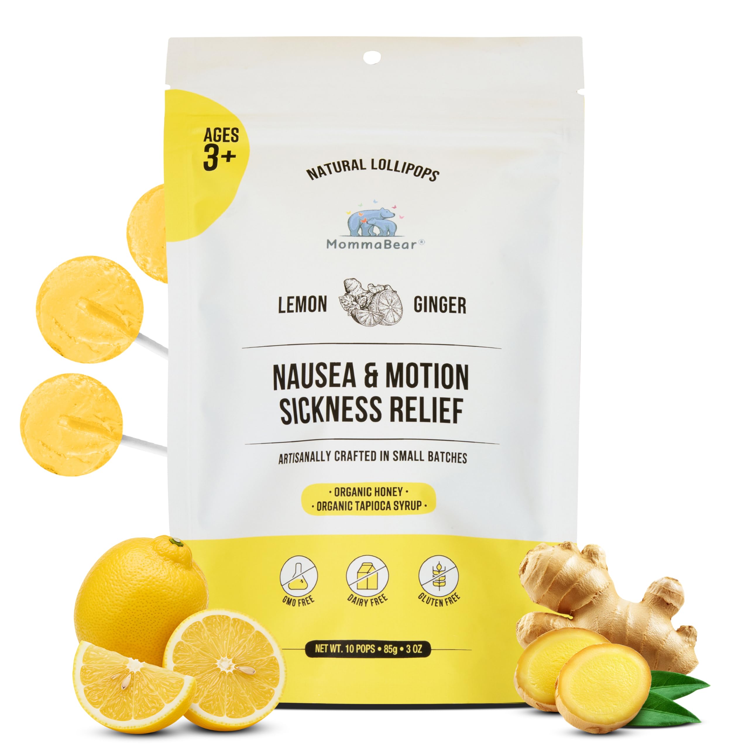 MommaBear "Natural Lollipop to Relieve Pregnancy Nausea and Motion Sickness - Handmade with Organic Lollipops of Honey, Lemon and Ginger - Pacifiers for Upset Stomach