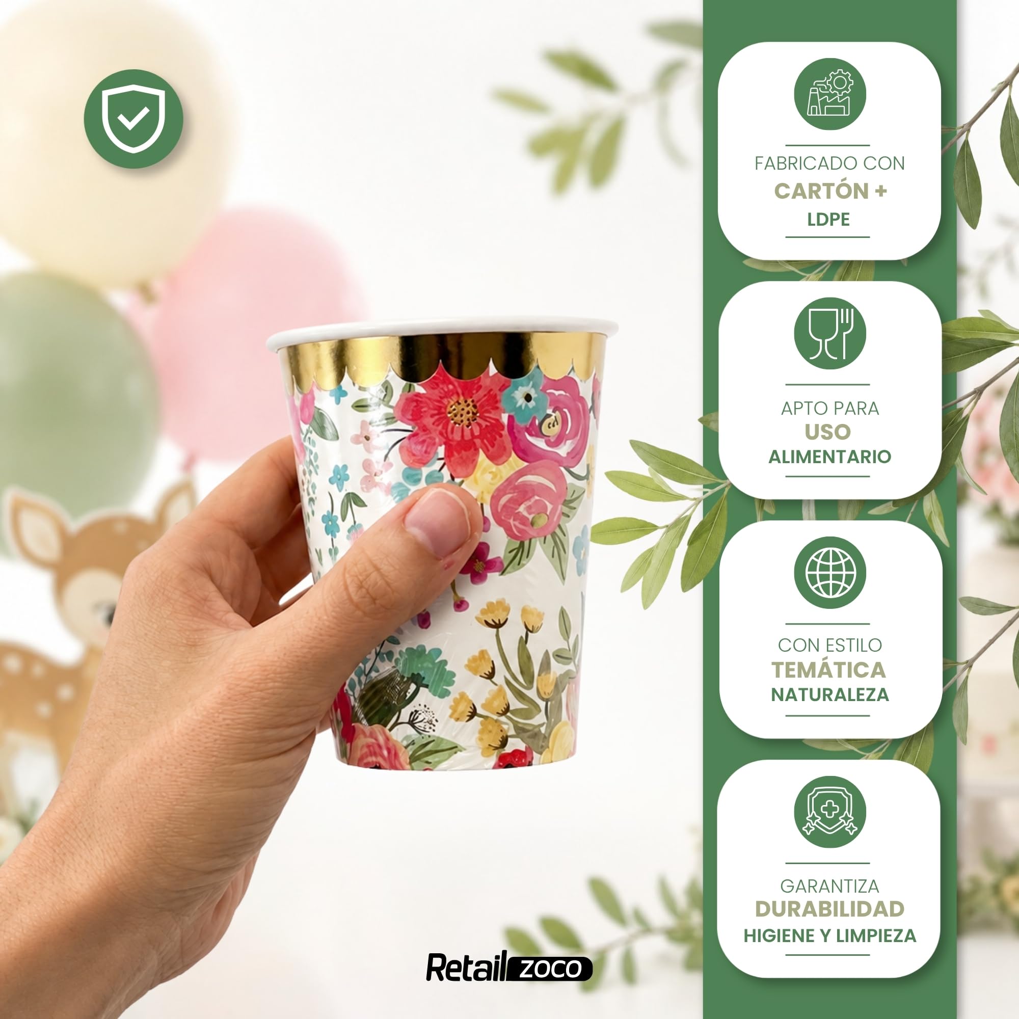 Vasos de cumpleaños, Vasos Desechables cartón, Diseño Floral, 12 Unidades - imagen 3