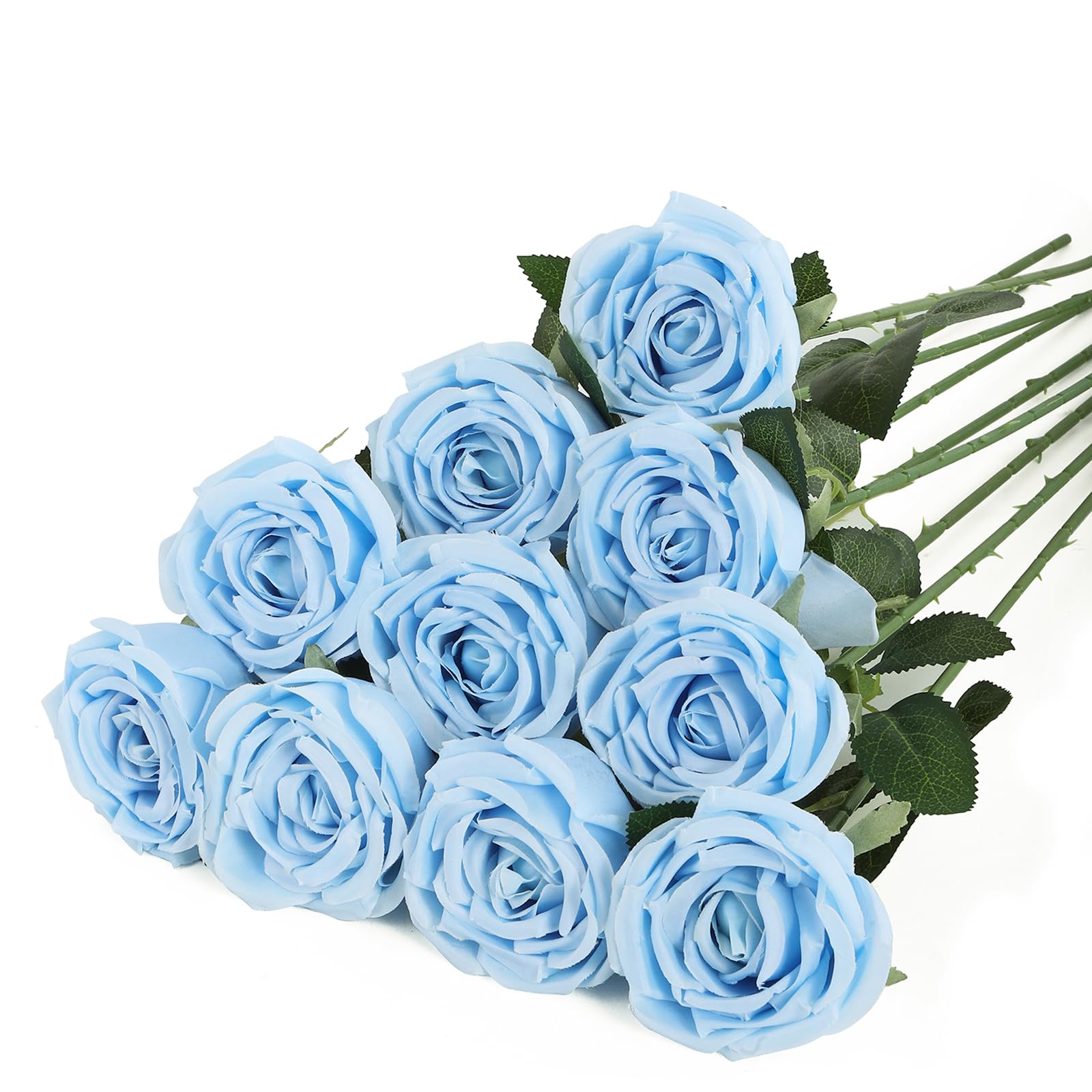 DuHouse 10pcs Fake Roses Artificial Silk Flowers Flower Long Stems Bouquet for Arrangement Wedding Centerpiece Party Home Kitchen Decor(Sky Blue)