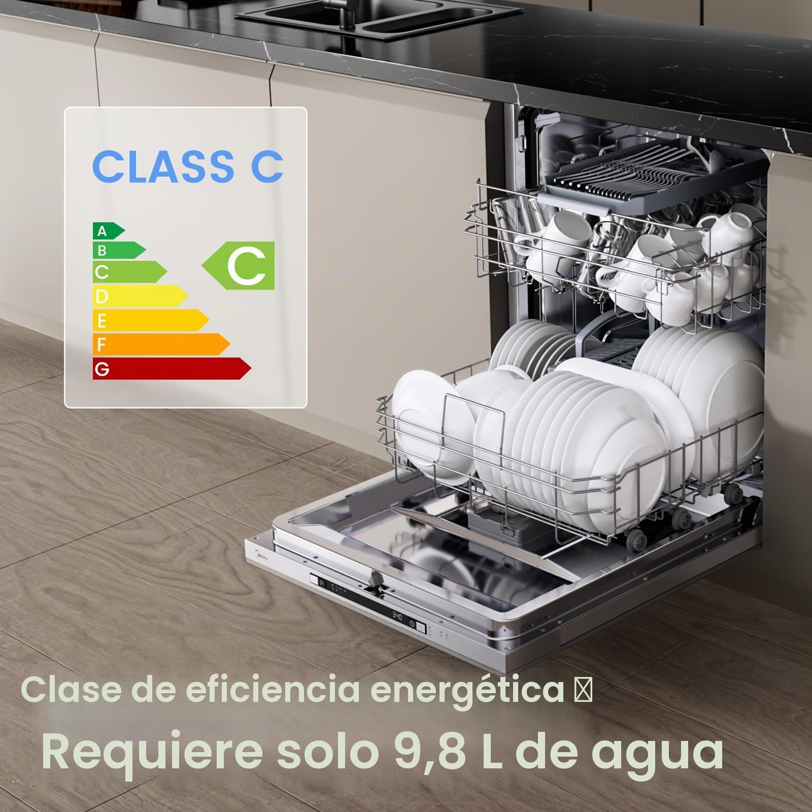 Midea SV 5.14K14C Lavavajillas Integrado 60 cm, 14 cubiertos, Lavavajillas integrable con WiFi, 8 programas, 44 dB, Apertura automática de puerta, 0-24H Inicio retardado, Acero inoxidable
