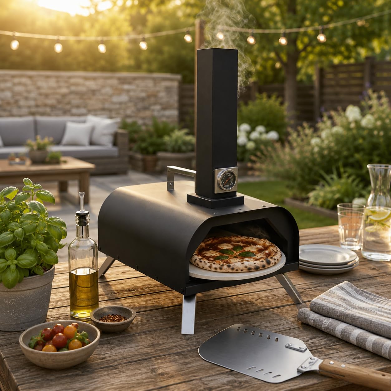 Horno de Pizza Portátil de Exterior – Horno BBQ de Acero con Revestimiento Resistente al Calor, Piedra Refractaria Incluida, Termómetro Integrado, Puerta de Acero Inoxidable y Pala para Pizza