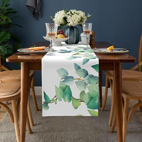 Miniatura 5 de Camino de mesa botánico para primavera y verano, aniversario, plantas tropicales, hojas, rama, vegetación, vacaciones, color verde azulado, mesa