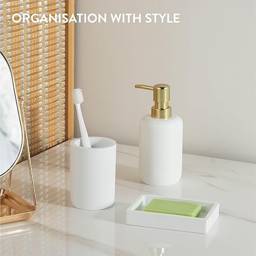 Miniatura 2 de Navaris Juego de accesorios decorativos de baño, kit de accesorios de baño de 3 piezas con soporte para cepillo de dientes, dispensador de jabón