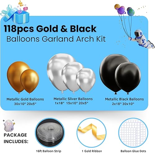 Miniatura 2 de Kit de arco de guirnalda de globos dorados y negros, 118 globos metálicos dorados y negros con diferentes tamaños para graduación, cumpleaños,