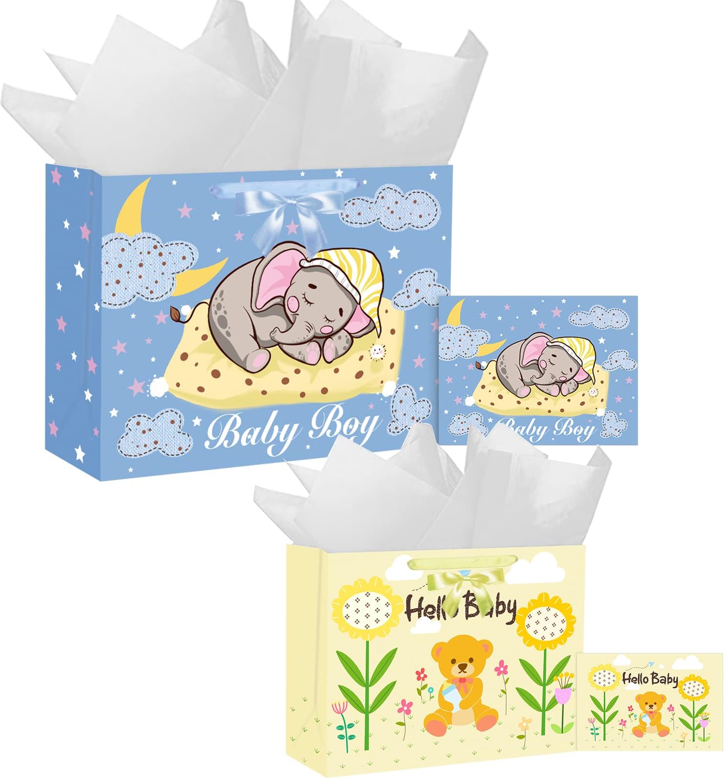 TeeFity 2 Pcs Extra Large Baby Boy Gift Bag Set, Blue Gift Bags with Tissue Paper and Greeting Card for Baby Shower- 16" x 11.8" x 5.9", 12.9" x 10" x 5"