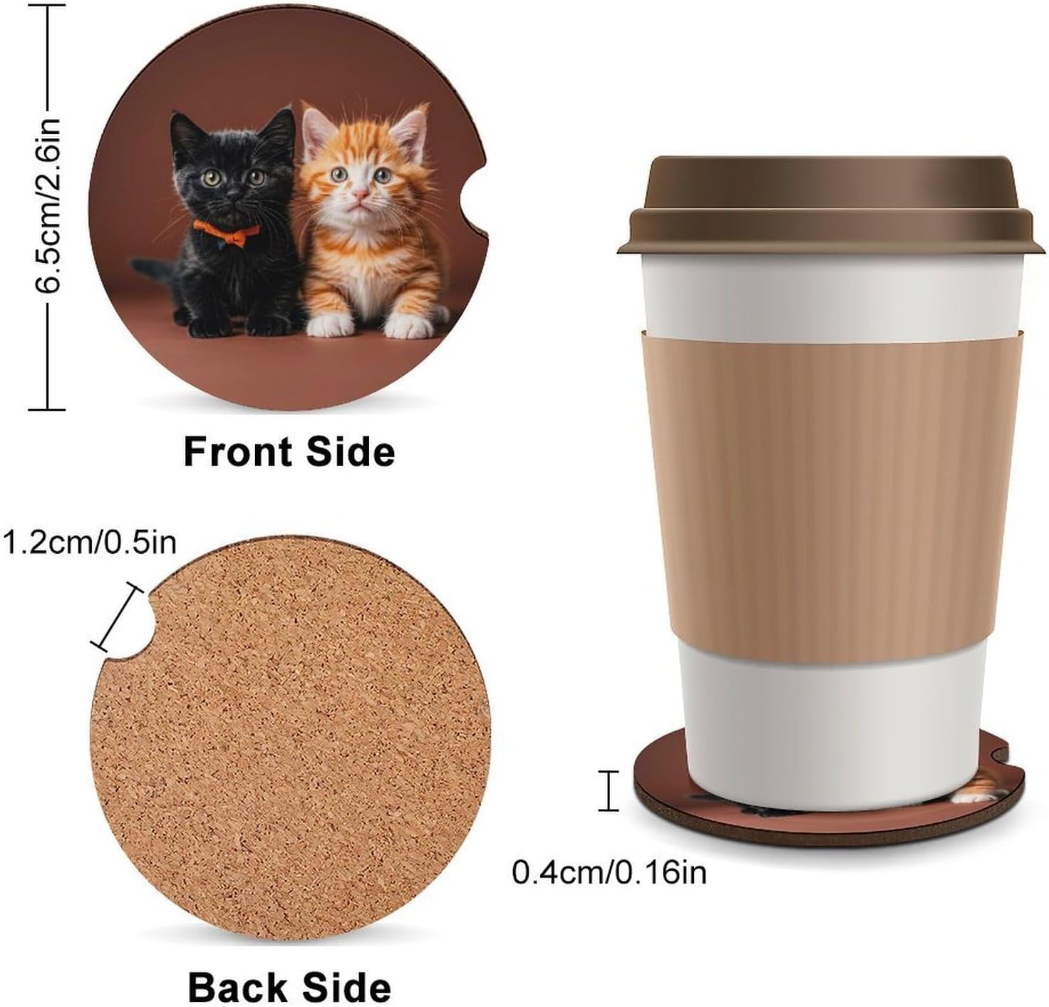 Car Cup Coaster Absorbent with Cork Base, Cute Black Orange Cat image 2