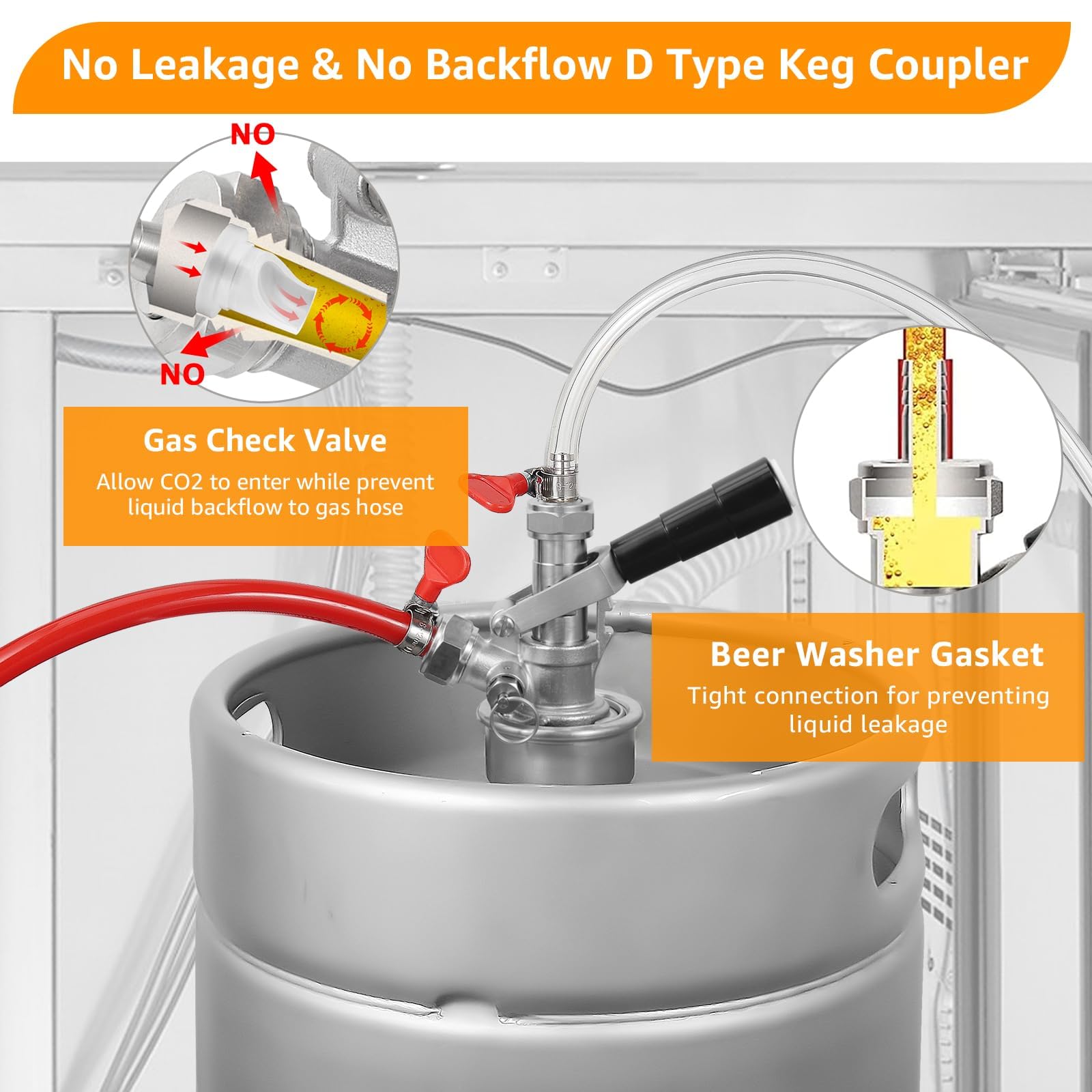 Acoplador de barril D de acero inoxidable, dispensador de grifo de barril de sistema Sankey D comercial Kegerator para línea de cerveza de 1/4 pulgadas, tubo de gas de 5/16 pulgadas, acoplador 3