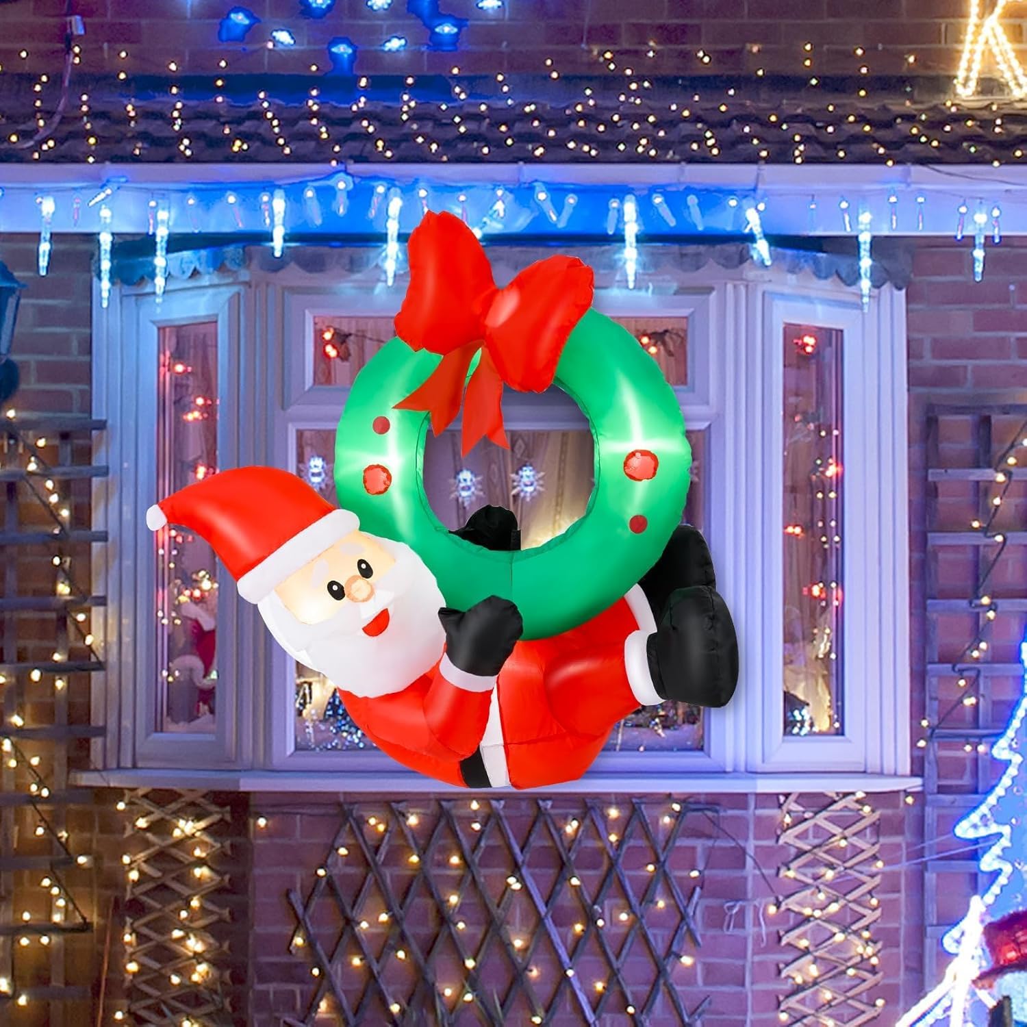 SOARS Decoration Noel, Père Noël Gonflable 120 X 50 X 120CM avec 5 lumières | LED Résistant aux Intempéries, Couronne de Noël Porte, Fenêtre, Deco Noel Extérieur Interieur Maison pour Cour, Jardin