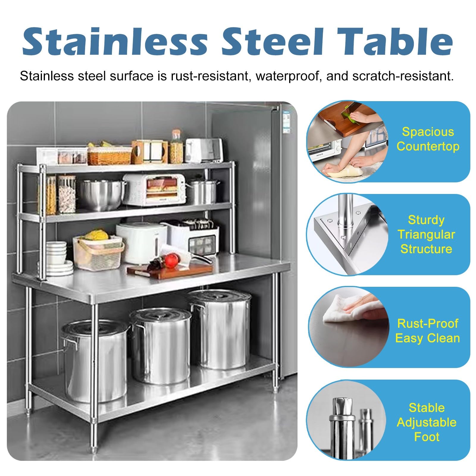 Tavolo da Cucina in Acciaio Inox con Base Aperta, Altezza 55" (140 x 160 cm), con 2 Ripiani Superiori Regolabili, Ampio Piano di Lavoro a Doppio Strato (H 63"/1,6 m 59x23,6in/150x60cm)