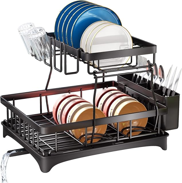 SAYZH Dish Drainer Rack, Detachable 2 Tier Dish Draining Rack and Drain board Set, Large Capacity Dish Drainer Organizer Shelf with Utensil Holder, Cup Rack for Kitchen Counter, Black