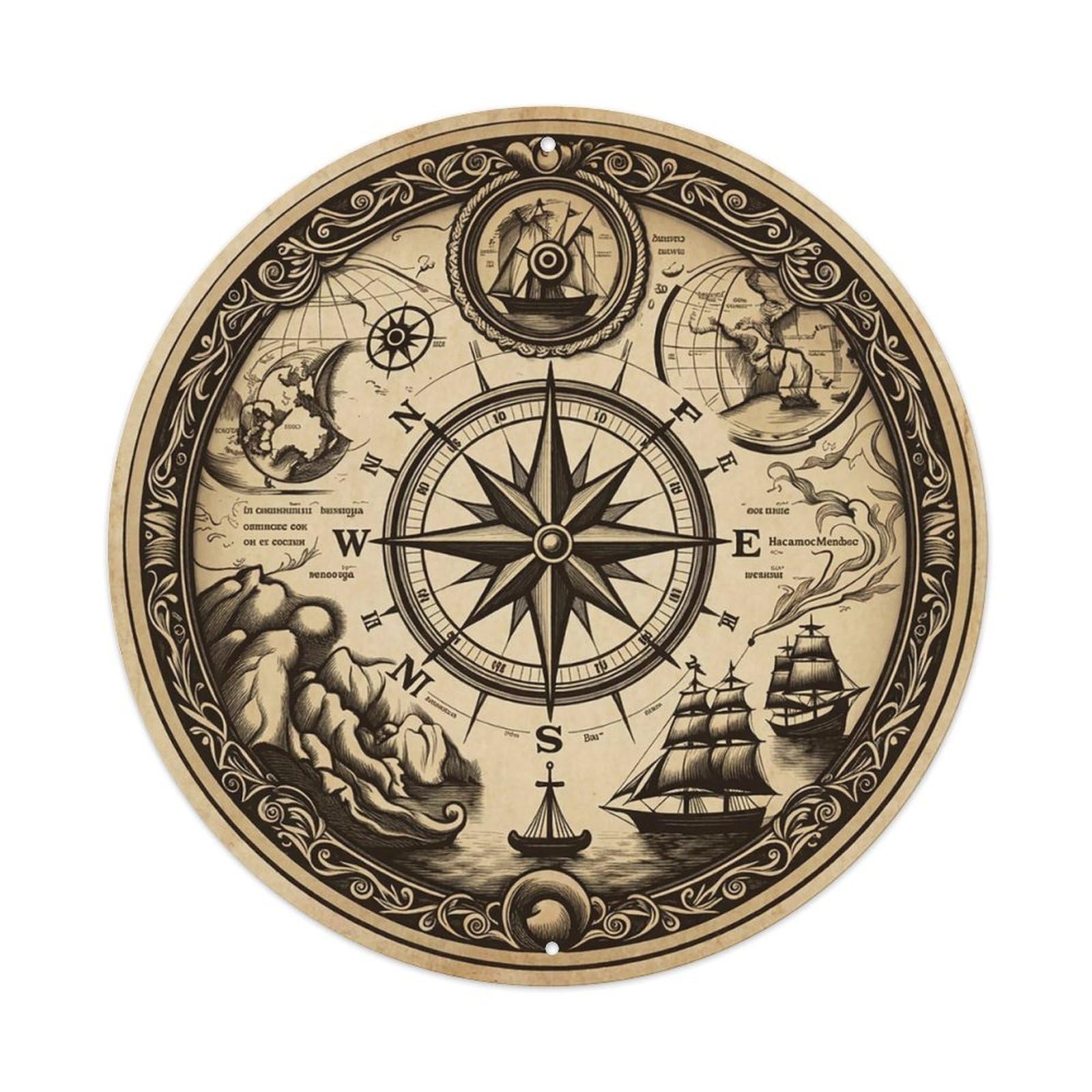 Vintage Nautical Compass World Map Gale Chronicle Metal Tin Sign