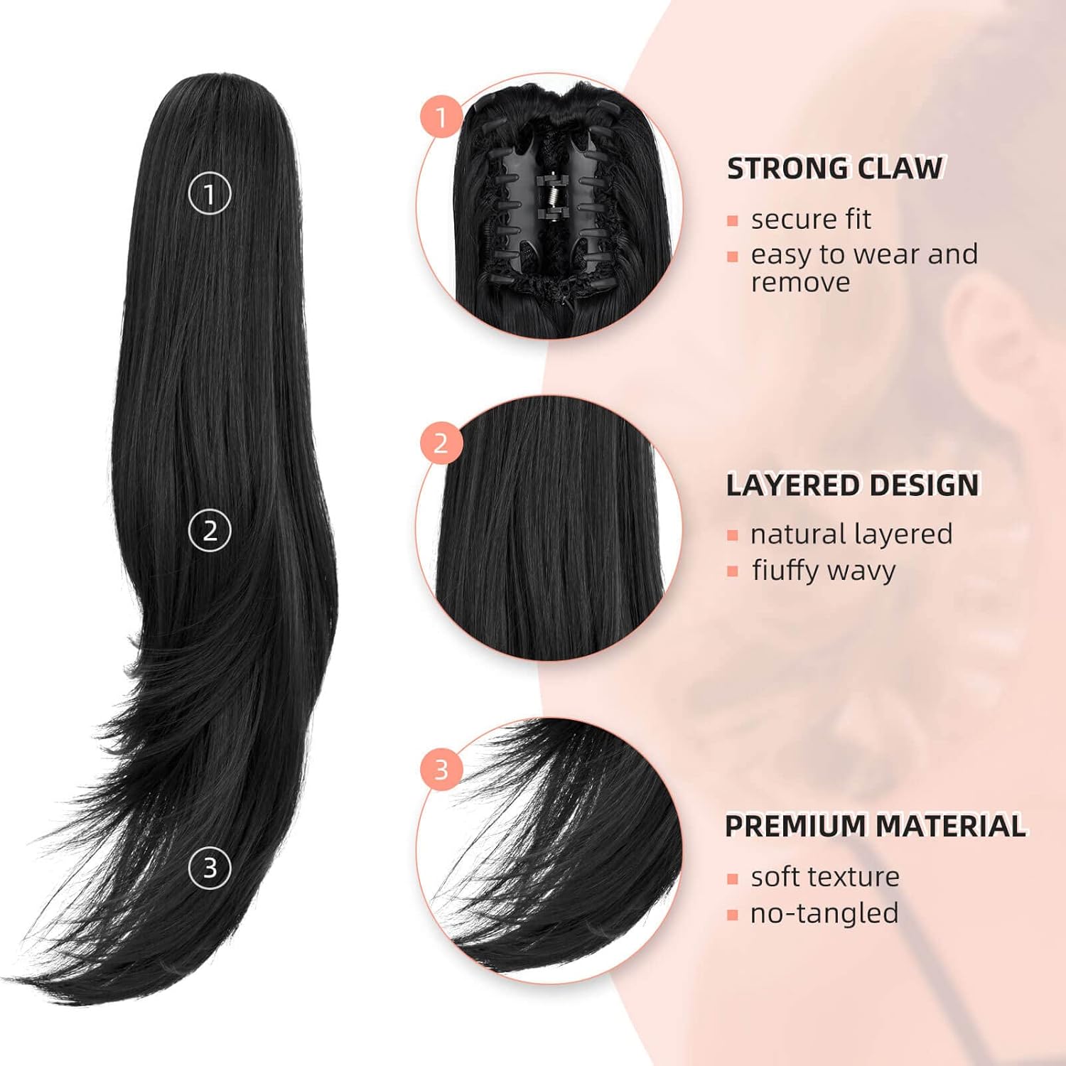 Ponytail Extension,Hair Extension Ponytail 22" Long Claw Hair Extension Synthetic Wavy Straight Hairpieces Ponytail Clip in Ponytail Wig Daily Fluffy Pony Tail for Women,Black