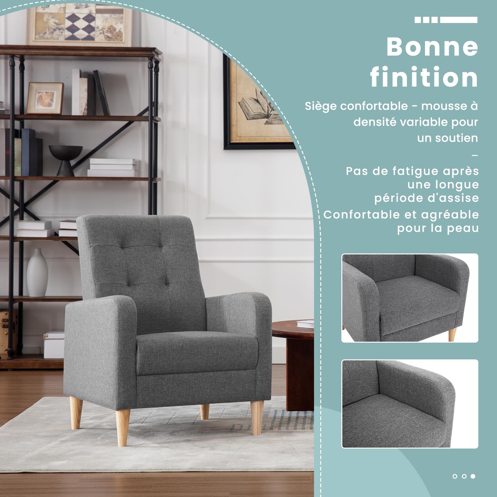 WOLTU Fauteil Salon, Fauteuil Relax à Dossier Haut, Chaise de Relaxation avec Pieds en Bois Massif, Accoudoirs, Siège Rembourré, Revêtement en Lin, pour Salon, Bureau, Gris Foncé, SKS41dgr