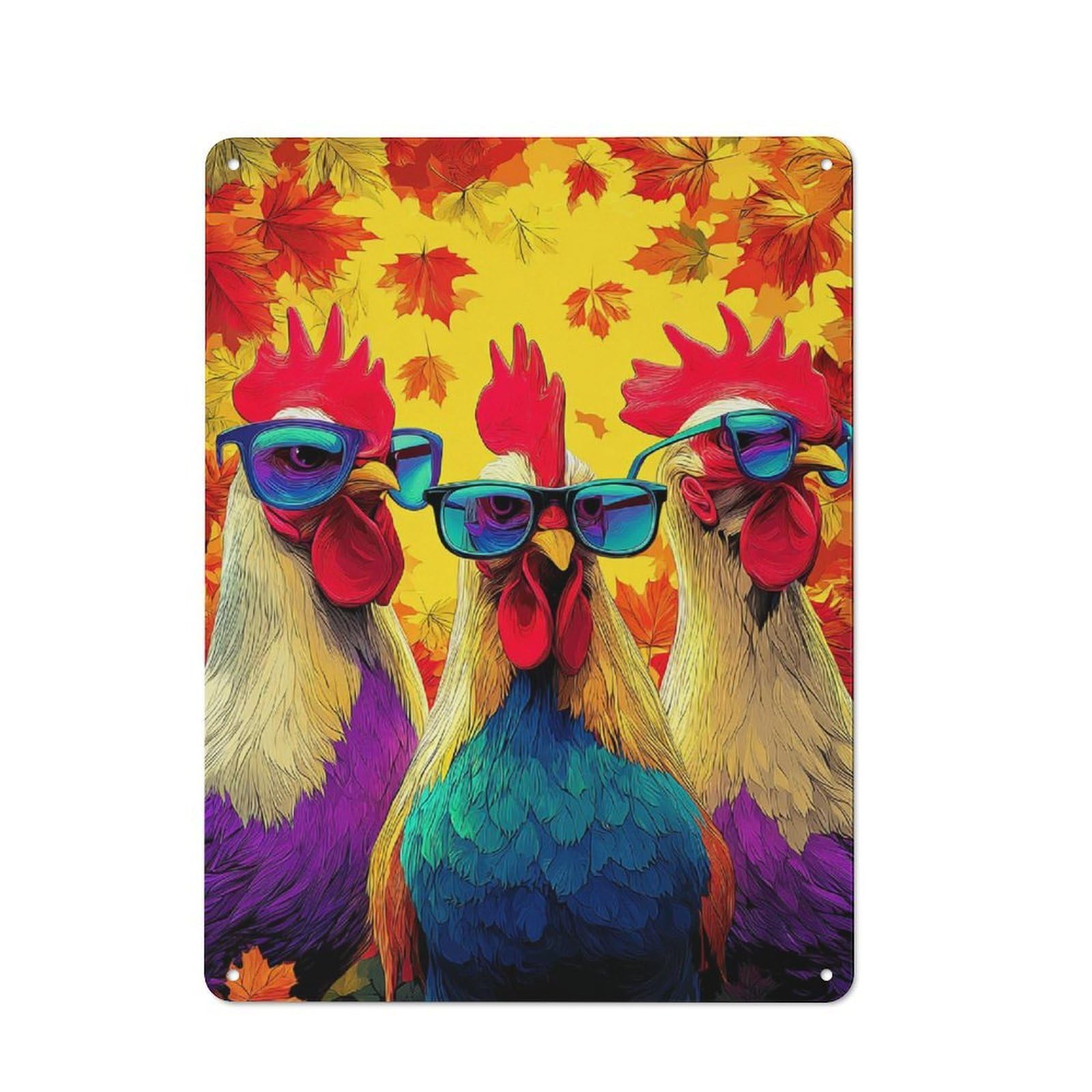 Junmoney Colorful Roosters In Sunglasses -1 Tin Wall Plaque 40X30cm With For Hallway Wall, With Clear Retro Wall Decor Character