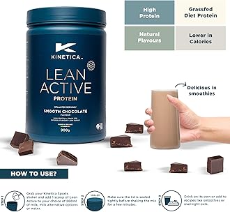 Kinetica Sports Lean Active Protein Powder - Smooth Chocolate Flavour | 16g Protein/Serve, 36 Servings/900g Pack | High in Fibre & Protein with Green Tea Extract | Low in Fat & Sugar | Easy Mixability