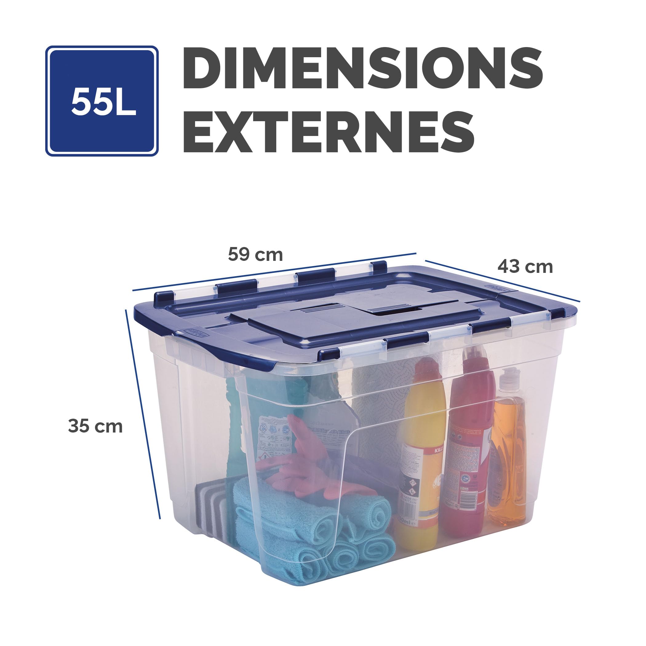 BANKERS BOX 55L Boîte fourre-tout en plastique, pack de 3, Polypropylène sans BPA, couvercles 100% recyclés, emboîtables et empilables, couvercle fendu, 35x43x59cm, polyvalent pour maison et bureau