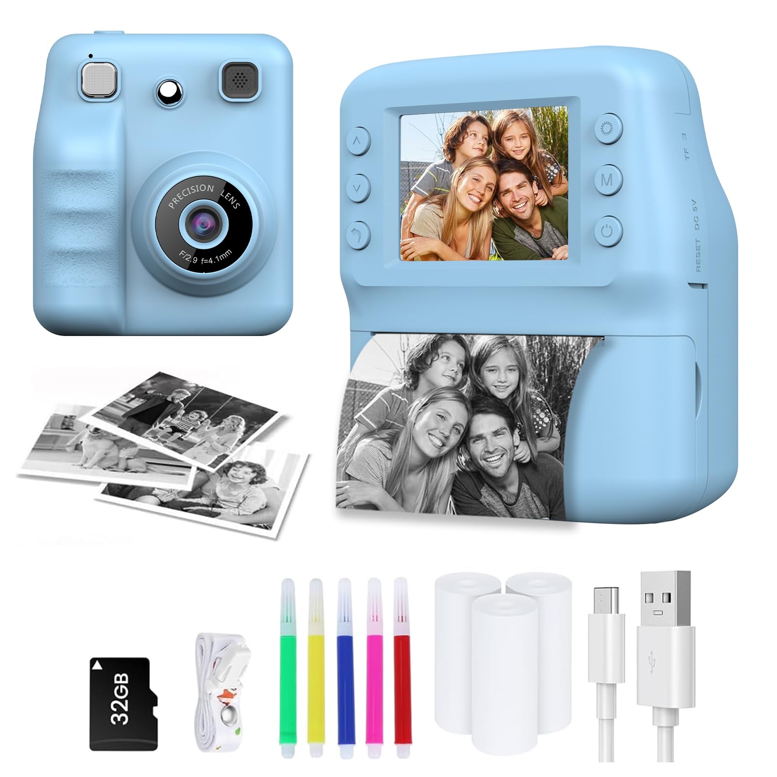 YOBWOK Kids Camera Instant Print,Christmas Birthday Gifts for Girl Boys 3-12 Years Old, FHD Selfie Digital Video Cameras Toddler 3 Rolls Print Paper & 32G SD Card,Blue