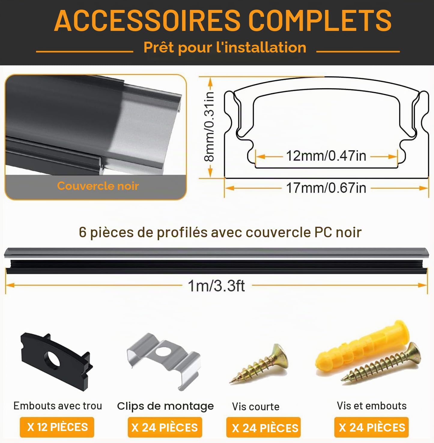 Chesbung Profilé LED en Aluminium - 6 x 1 m - En Forme de U - Pour Bandes LED (1-12 mm) - Avec Embouts - Clips de Fixation en Métal et Matériel de Montage
