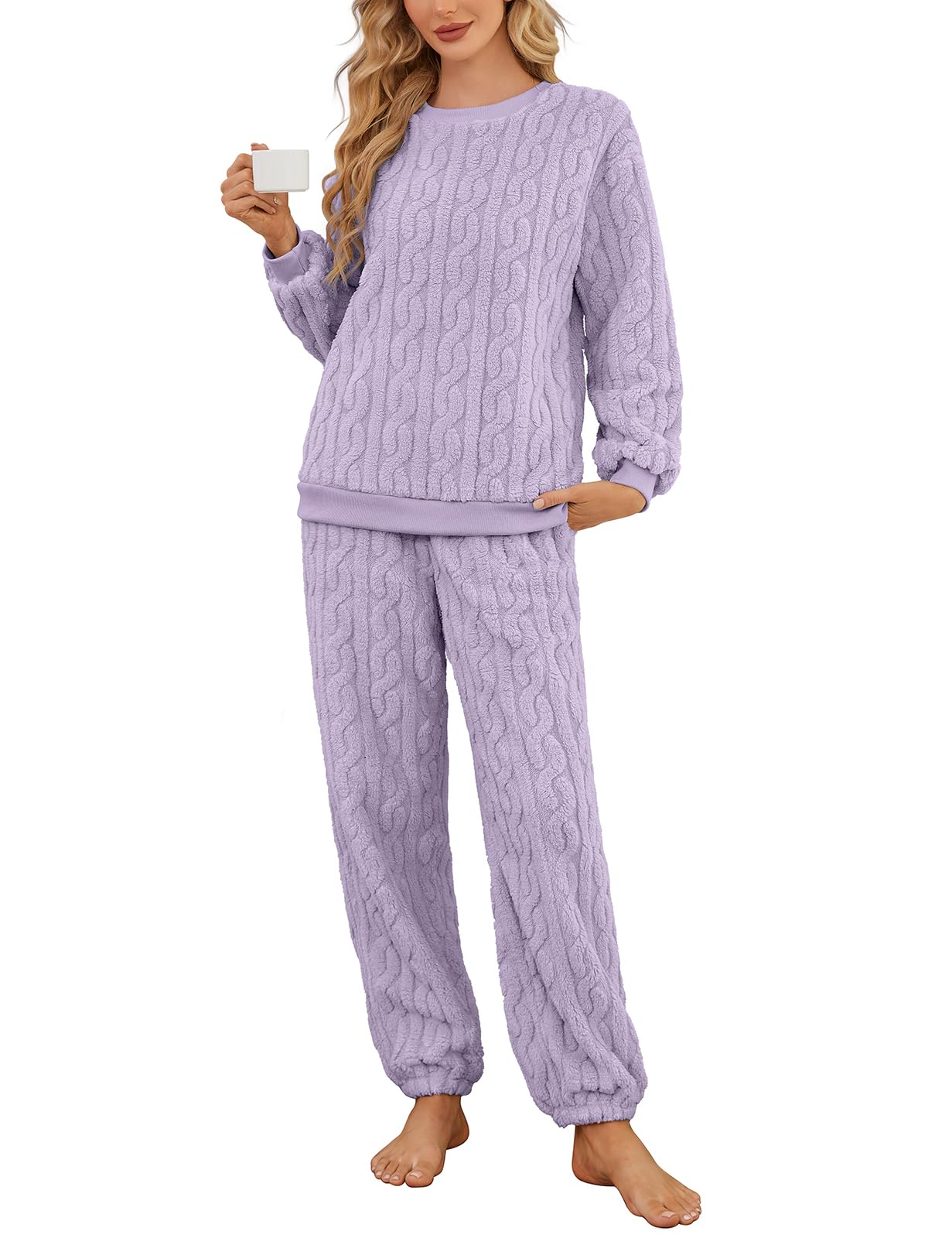 Pigiama Donna Invernale in Pile Caldo Felpato Due Pezzi Set | Pigiami Termico Due Pezzi con Maglia Manica Lunga e Pantaloni, Completo da Casa Ampia Sleepwear Loungewear con Tasche, S-XXL