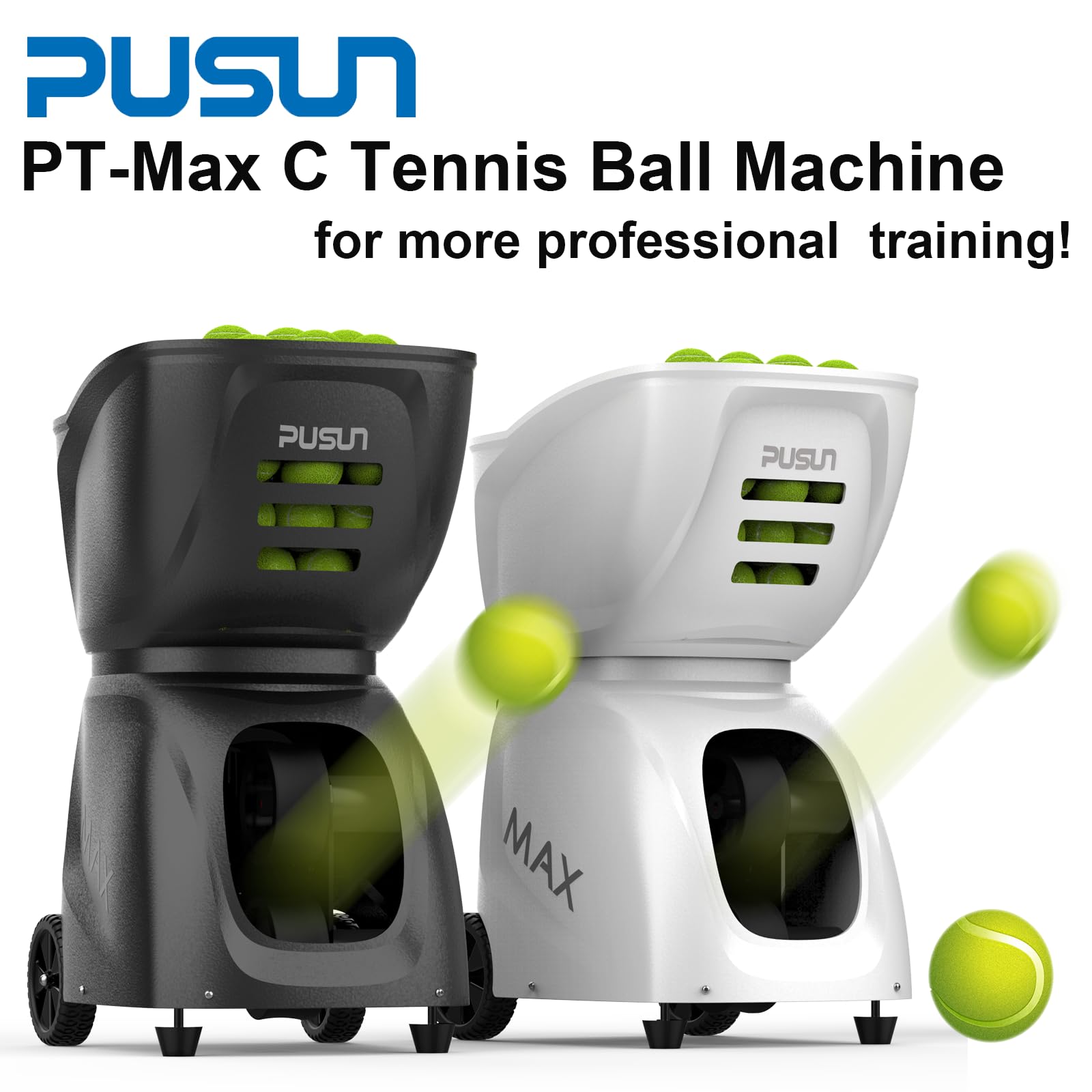 PUSUN Tennisballmaschine, PT-MAX C Tennisballwerfer für Porfessionelles Training, 145+ Ball-Kapazität, Dual-Steuerung über App und Fernbedienung, Programm/zufällig/Volley/Variation Speedball,
