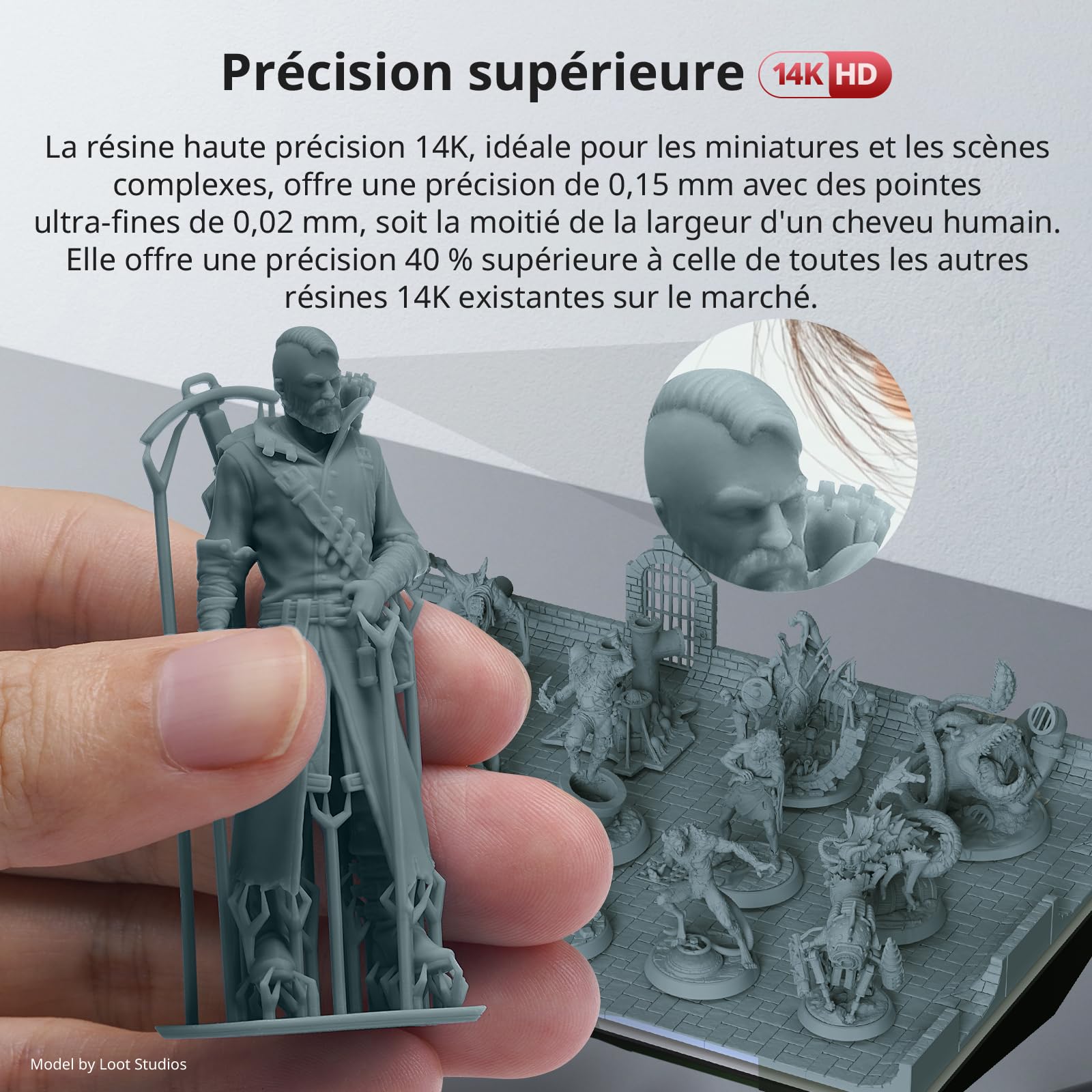 Anycubic 14K Texture Resine, Résine UV 405nm, Résine Haute Précision pour imprimante 3D, Finition Mate, Faible Odeur, Haute Ténacité, Convient pour Différentes Scènes Miniatures, HD Gris 1000g