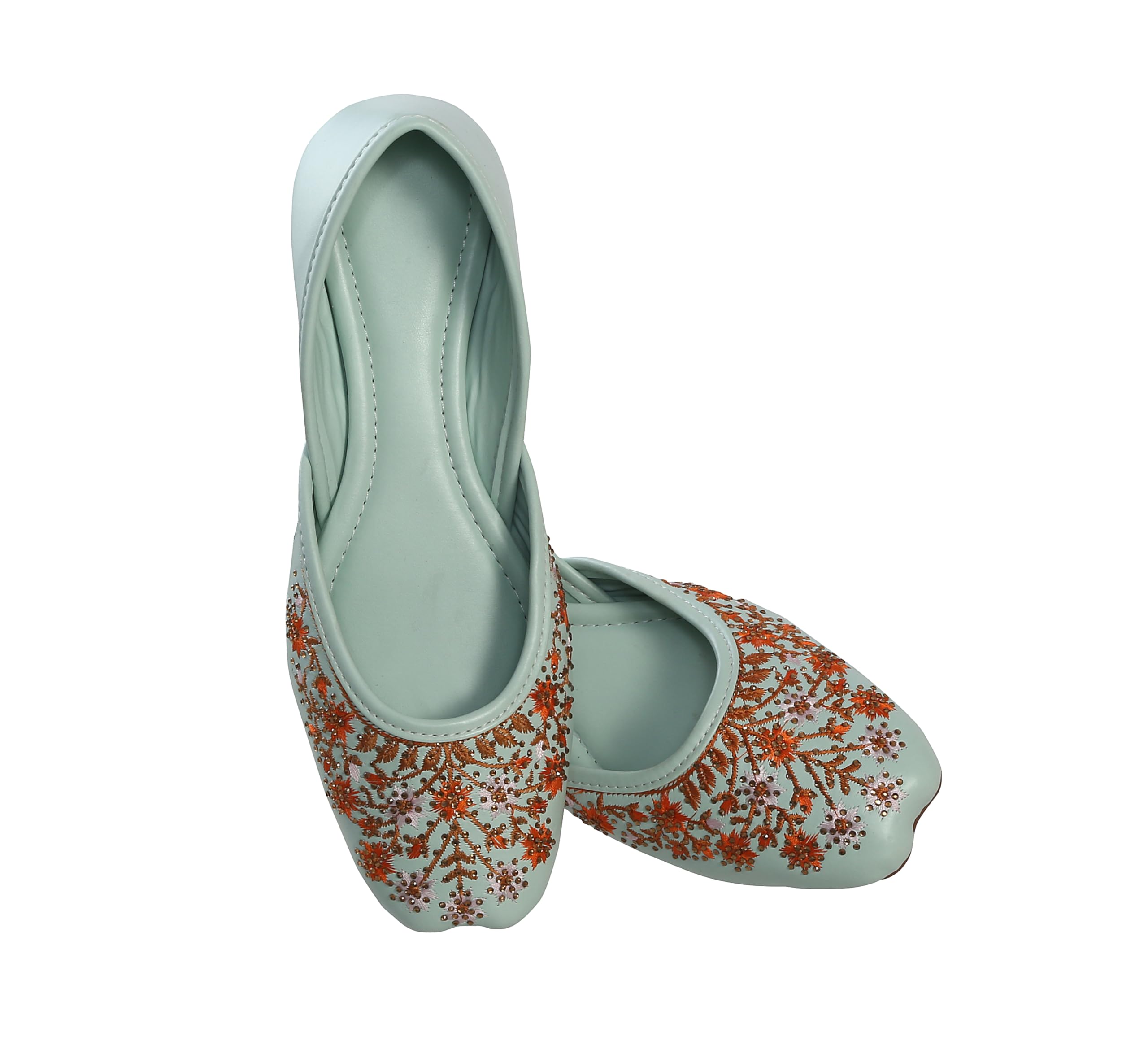Women's Mint Green Designer Emboidery with Stone Work Punjabi Jutis 9 UK-image-35