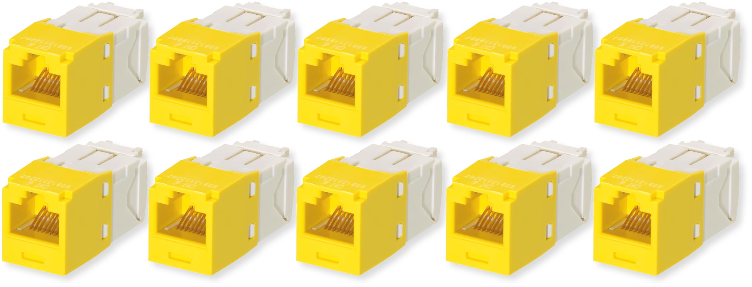 CJ688TGYL Pack of 10 Category 6 TX6 Plus Mini-Com UTP Jack Modules, Yellow, TG Style, Toolless, RJ45 Ethernet High Performance Network Module, T568A/T568B Wiring