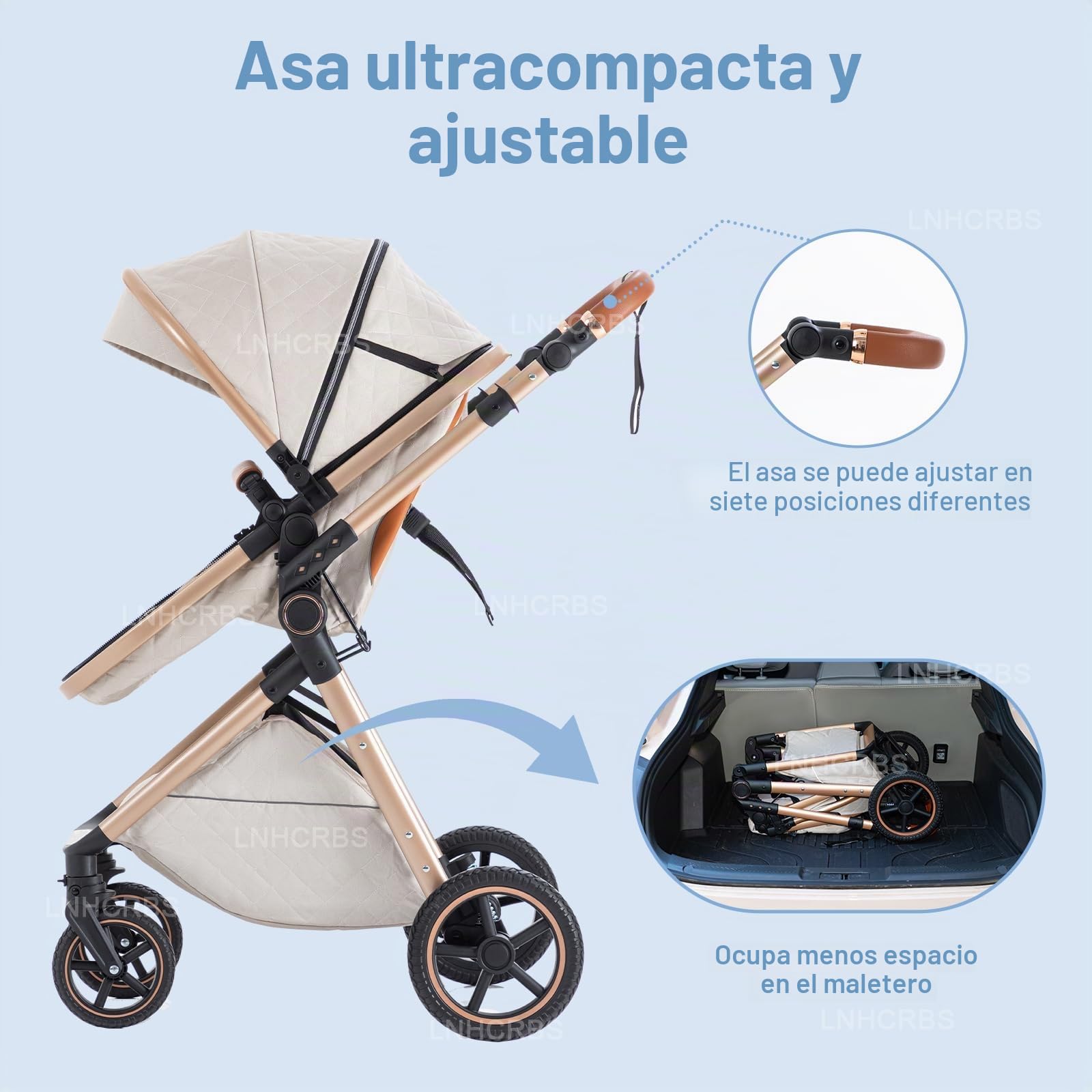 Cochecito 3 en 1, Cochecito Compacto con Mosquitera y Cubierta para la Lluvia, Silla de Paseo Ligera con asa Ajustable, Ruedas de PU, Adecuado de 0-3 Años,Beige