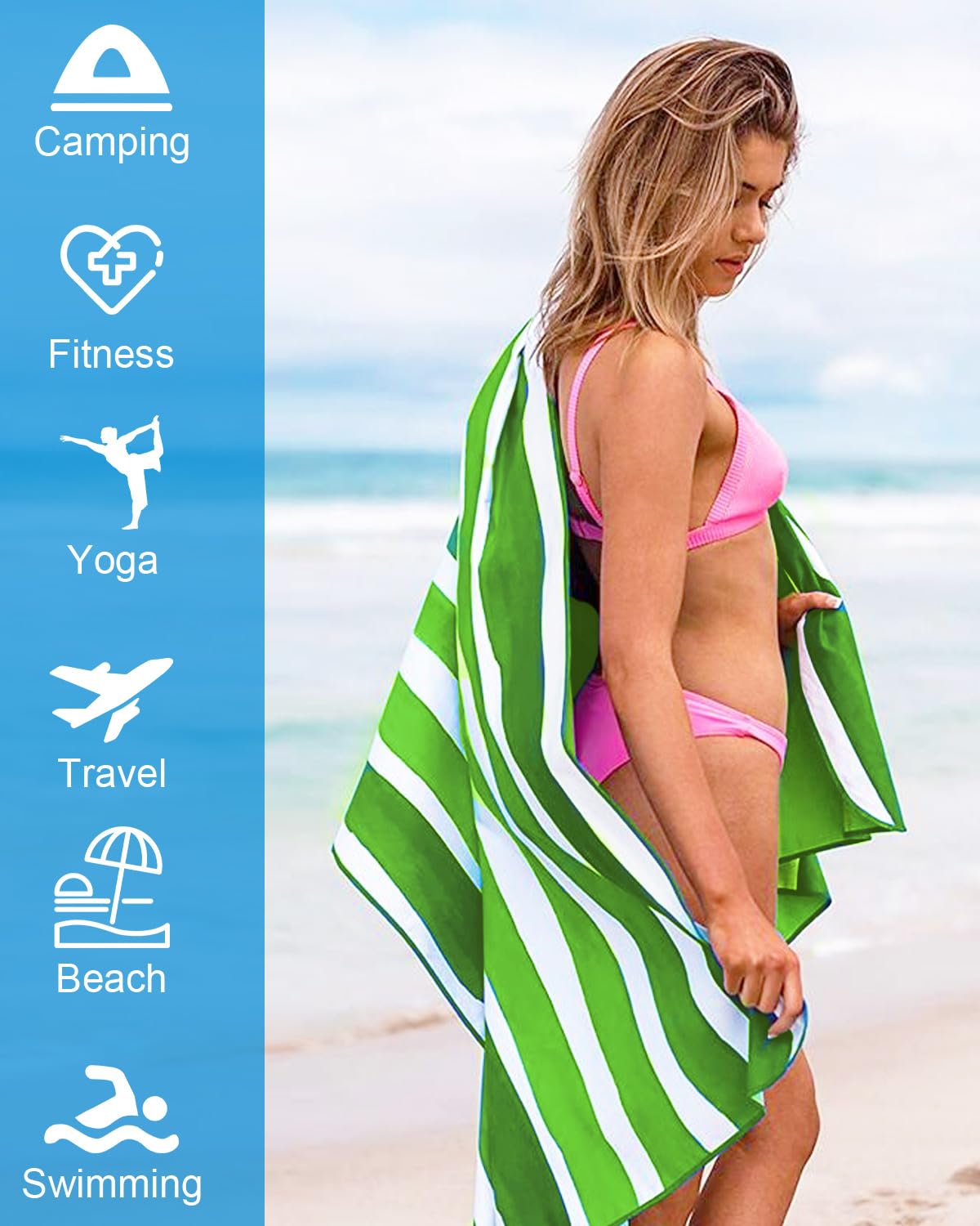 Microfiber Beach Towel Oversized Rapid Drying Sand Free Soft Compact Lightweight Qualities Beach Towels for Adults Ideal for Swimming Beach Yoga Camping Gym Carry Bag Mint Green Stripes 63x32 Inch - Image 4