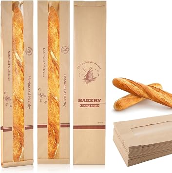Baguette Bags with Window 50 Pack Paper Bread Toast Loaf Packing Bags with Stickers for Homemade Bread