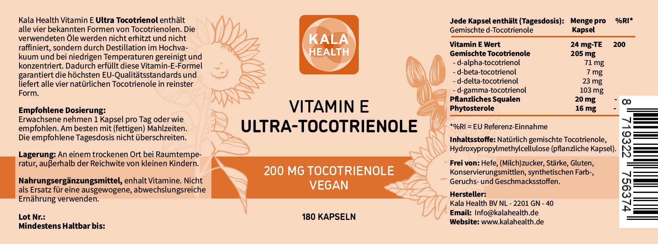 Kala Health Ultra Tocotrienol 200mg Vitamin E Vegan alle 4 Tocotrienole Alpha Tocotrienol +Beta Tocotrienol Gamma Tocotrienol Delta Tocotrienol - Tocotrienol-Komplex