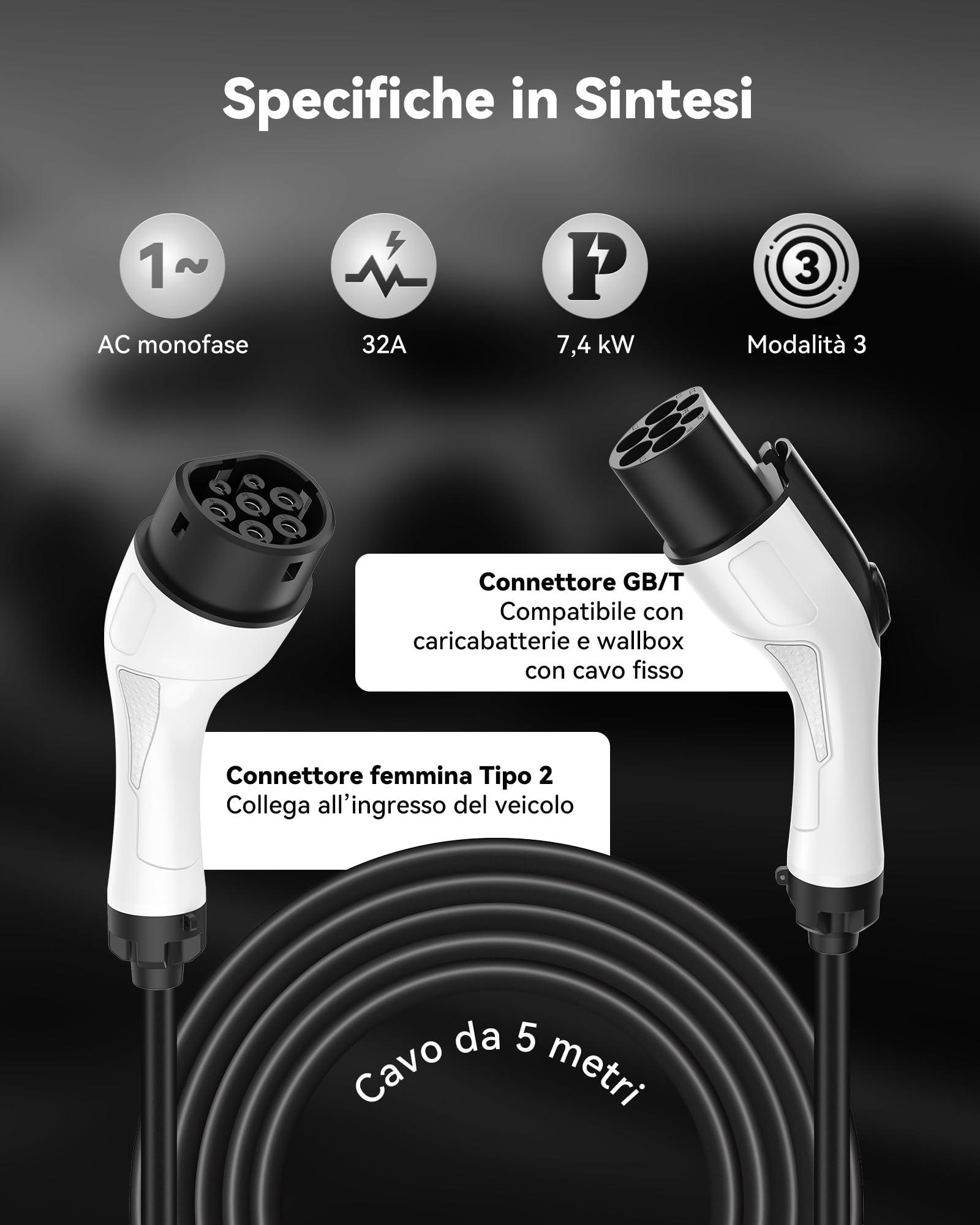 RamTouch Cavo di Estensione per Ricarica EV (32 A, 7,4 kW, 5 m, Monofase), Cavo Prolunga Tipo 2 per Caricatori di Auto Elettriche, Stazioni di Ricarica e Wallbox, Cavo di Allungamento per EVs/PHEVs