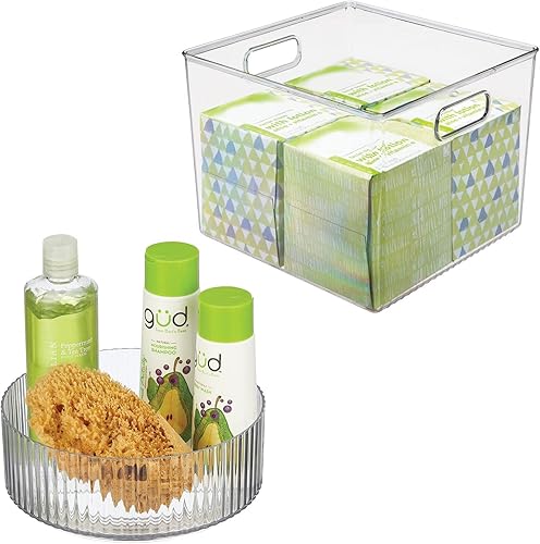 mDesign Cubo de baño profundo de plástico con asas y plato giratorio de plástico redondo de 9 pulgadas para organización en baño, armario, armario o