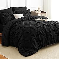 HIMEET Queen 7-Piece Black Pinch Pleat Comforter Set - Soft Breathable Microfiber Bed in a Bag with Sheets & Shams