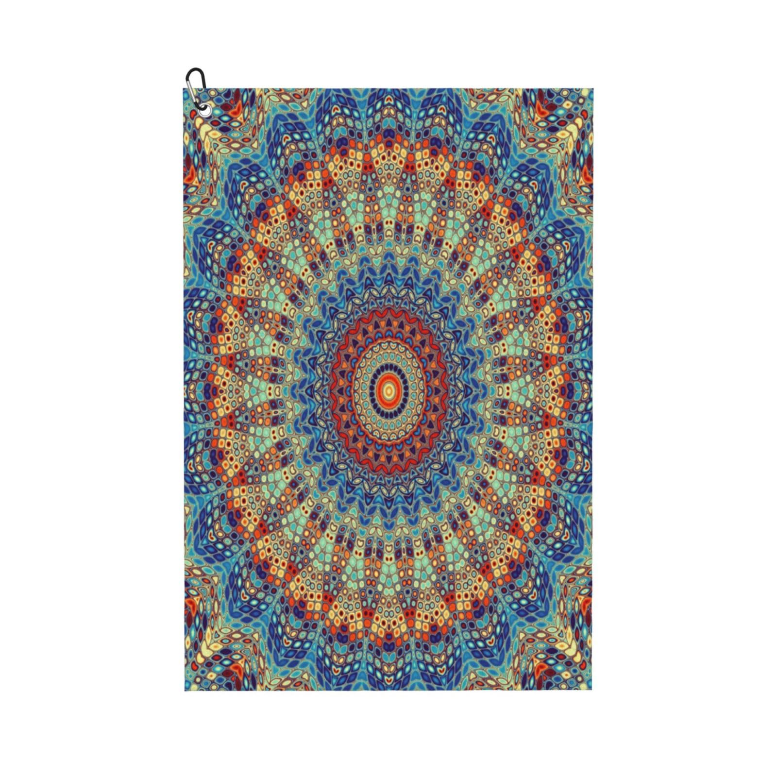 AOOEDM Round Mandala Print Golf Towel with Carabiner Clip Absorbent Microfiber Golf Towel for Cleaning Golf Ball Club Putter Iron for Golf Bag Trolly Belt Loop 16" X 24"