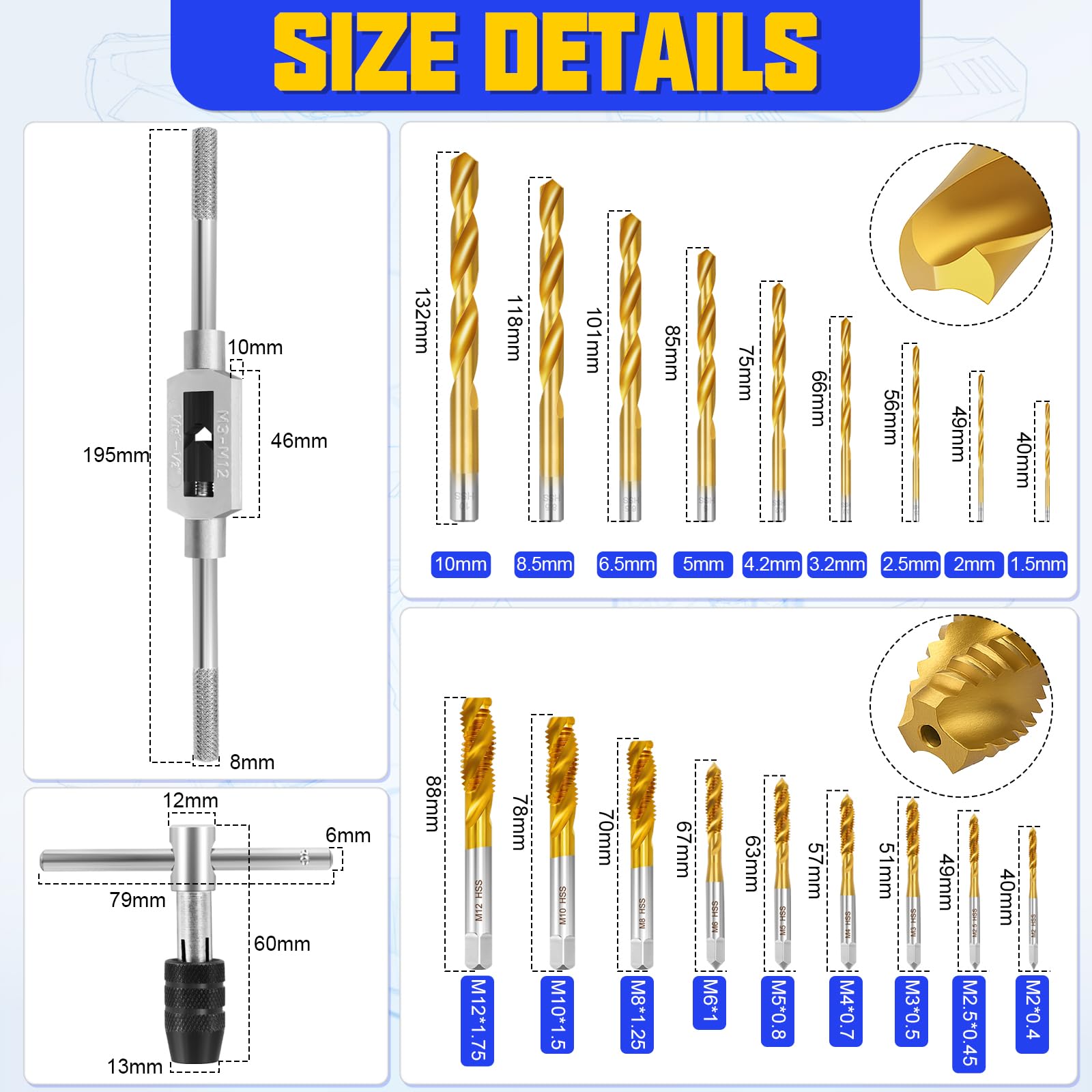 Kit Maschiatura Filettatura Manuale 21 Pezzi, Punte e Maschi M2-M12 1,5-10mm con Borsa in Pelle