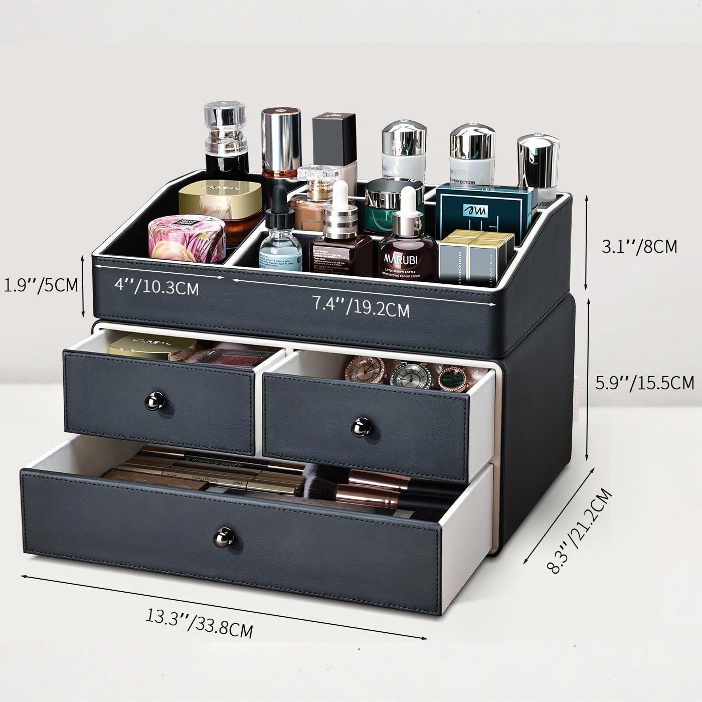 KINGFOM Organizer Trucchi, Porta Trucchi Organizer, 2 Livelli Organizzatore di Trucco con Cassetti per Comò, Bagno, Camera da letto, in Pelle PU (Nero)